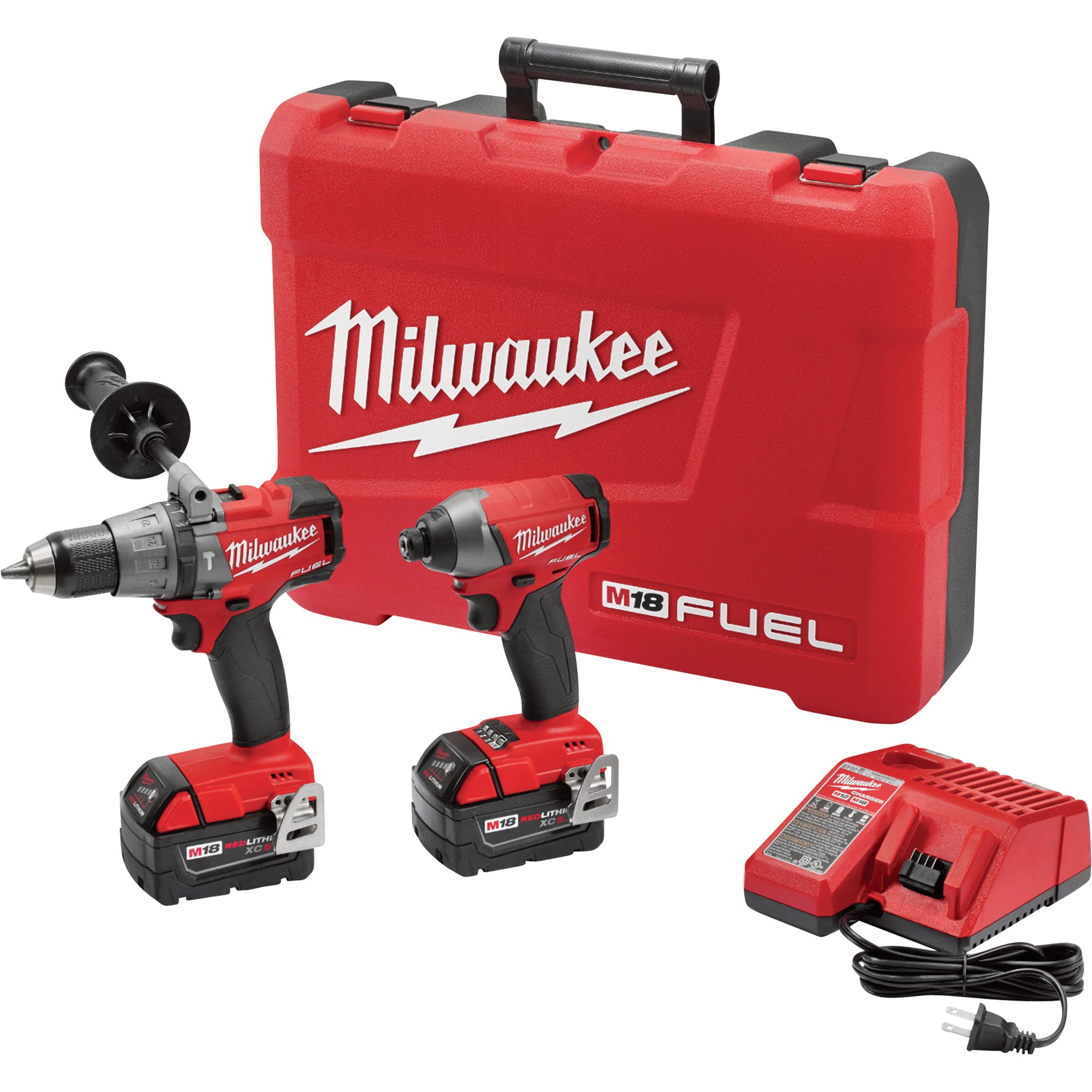 Milwaukee M18 FUEL Li-Ion Cordless Power Tool Set — 1/2in. Hammer Drill/Driver & 1/4in. Hex Impact Driver, With 2 Batteries, Model# 2897-22